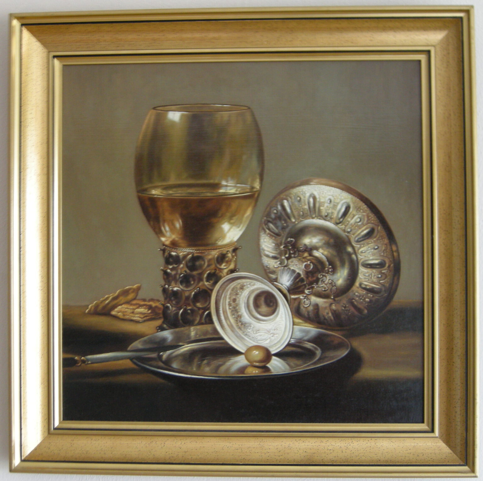 Lech Wadlewski "Martwa natura z kieliszkiem do wina i srebrną miską" Olej na płótnie Kopia wg Pieter Claesz "Martwa natura z kieliszkiem do wina i srebrną miską"