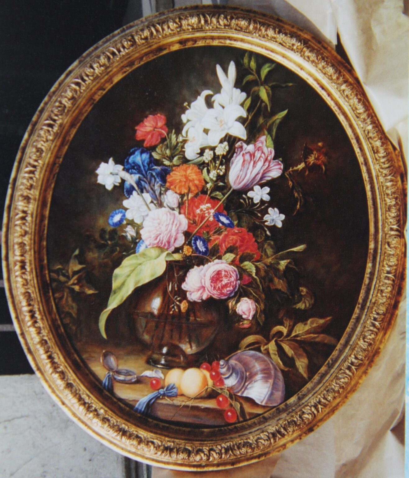 Lech Wadlewski "Martwa natura z kwiatami, krucyfiksem i czaszka" (fragment) Olej na plótnie Kopia wg Jan Davidsz de Heem and Nicolas van Veerendael "Martwa natura z kwiatami, krucyfiksem i czaszka"